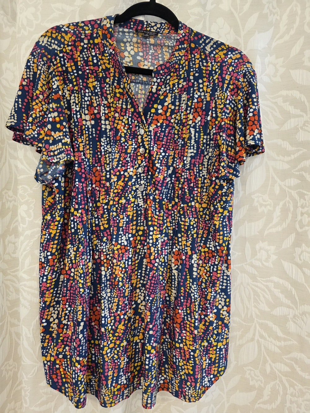 Ava & Grace Size 1X Dot-Print Flowing Top, Dark Teal Color